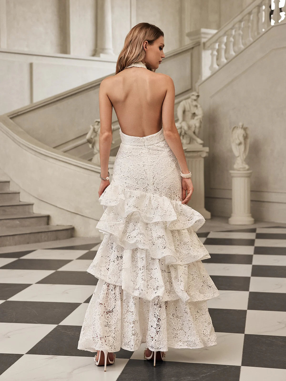 Valencia Ruffle Halter Lace Gown