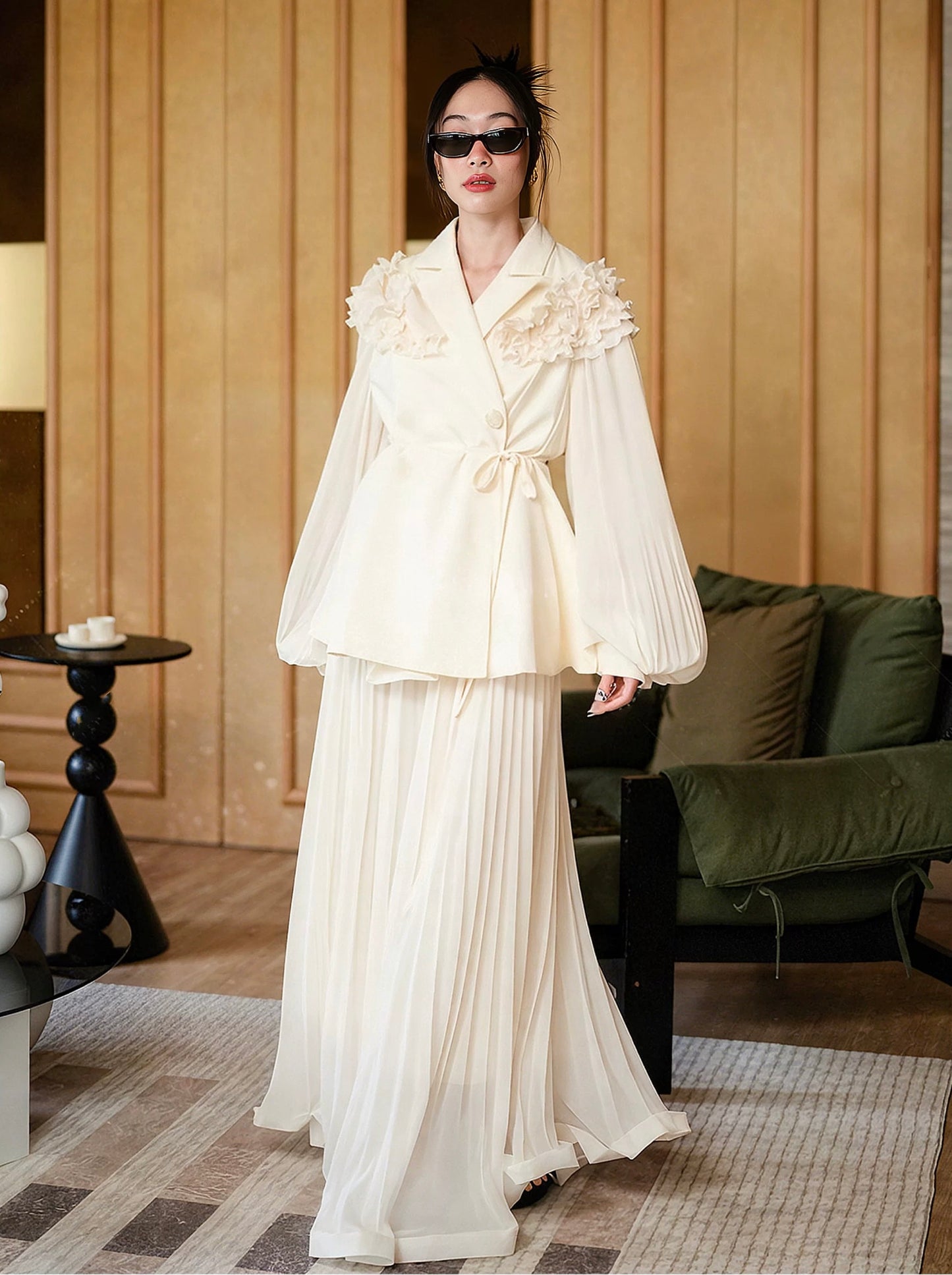 Ruffle-Shoulder Pleated Set