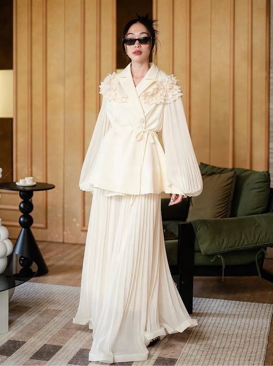 Ruffle-Shoulder Pleated Set