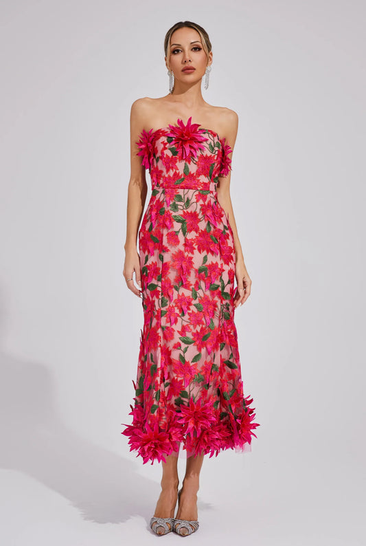 Rosalia 3D Floral Strapless Midi Dress