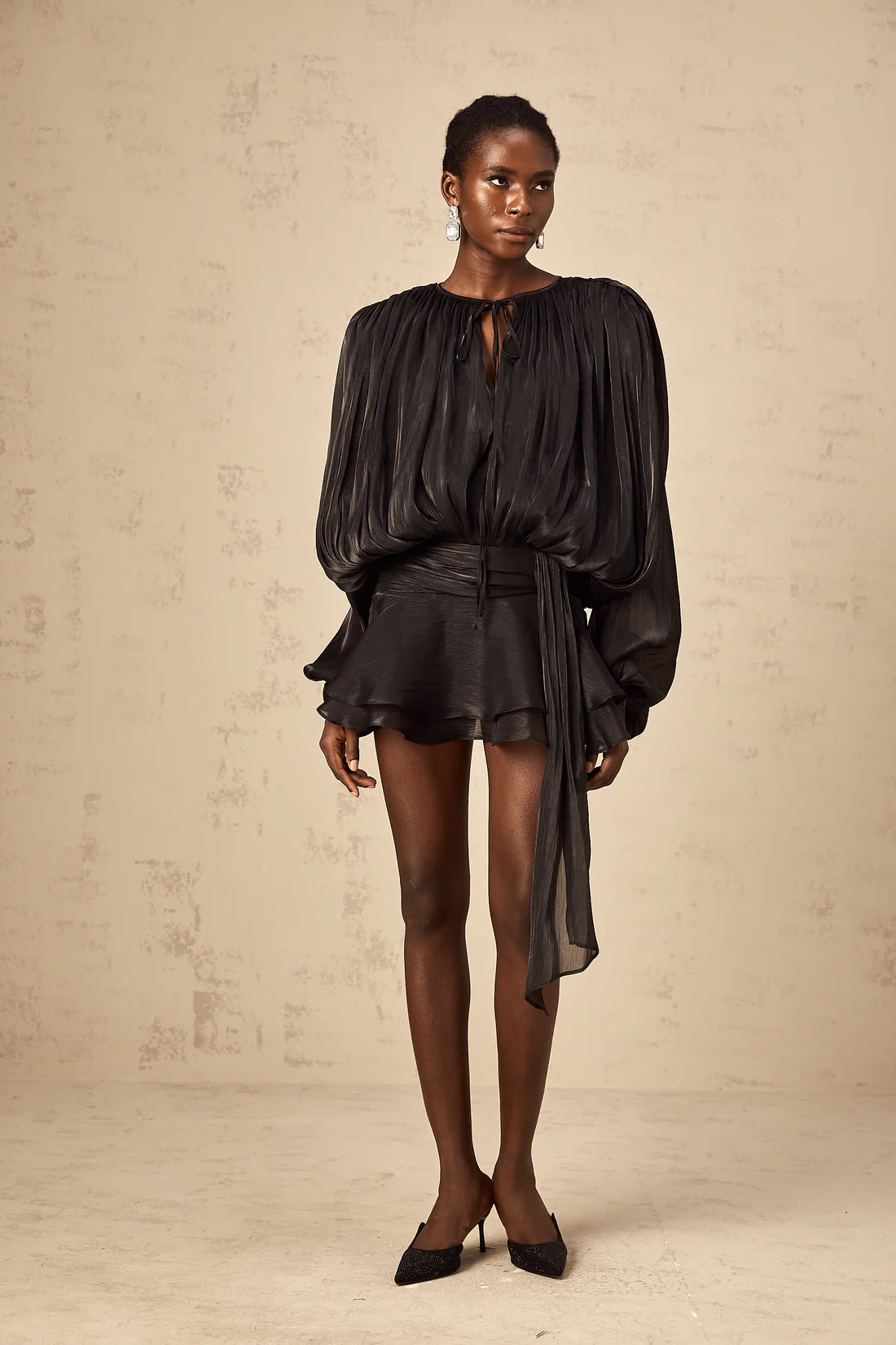 Ruffled draped black mini dress