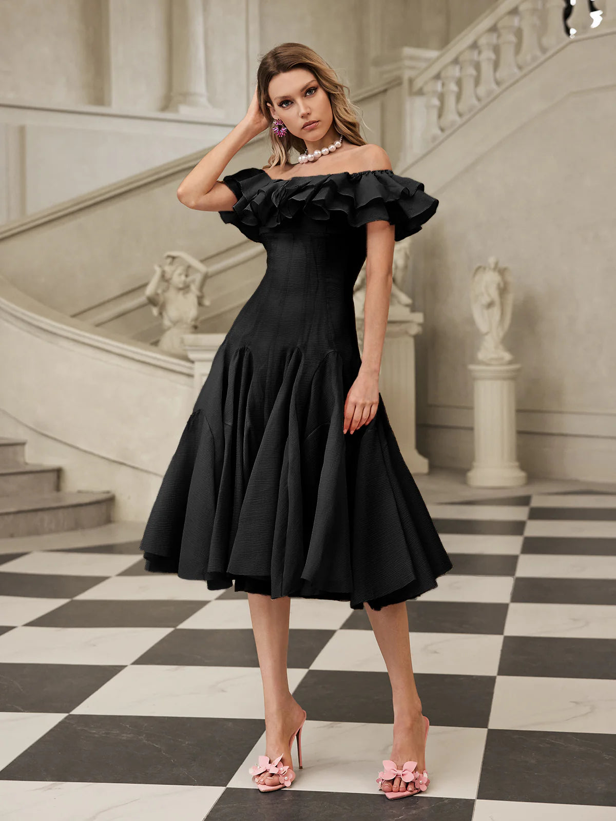 Amélie Off Shoulder Ruffle Midi Dress