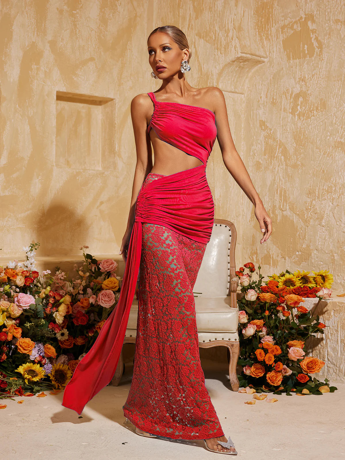 Zahra One-Shoulder Cutout Lace maxi Dress