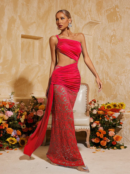 Zahra One-Shoulder Cutout Lace maxi Dress