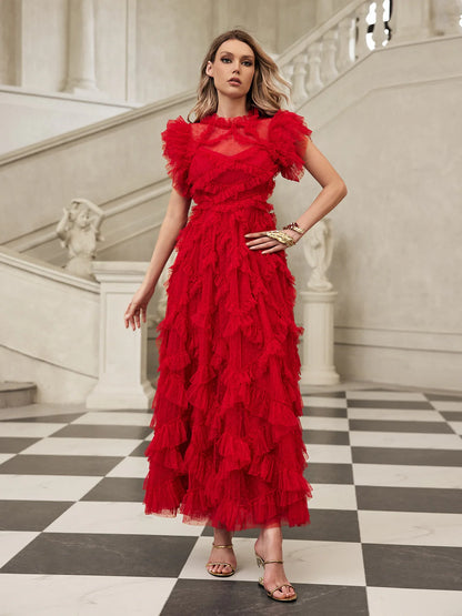 Red short sleeves mesh midi dress