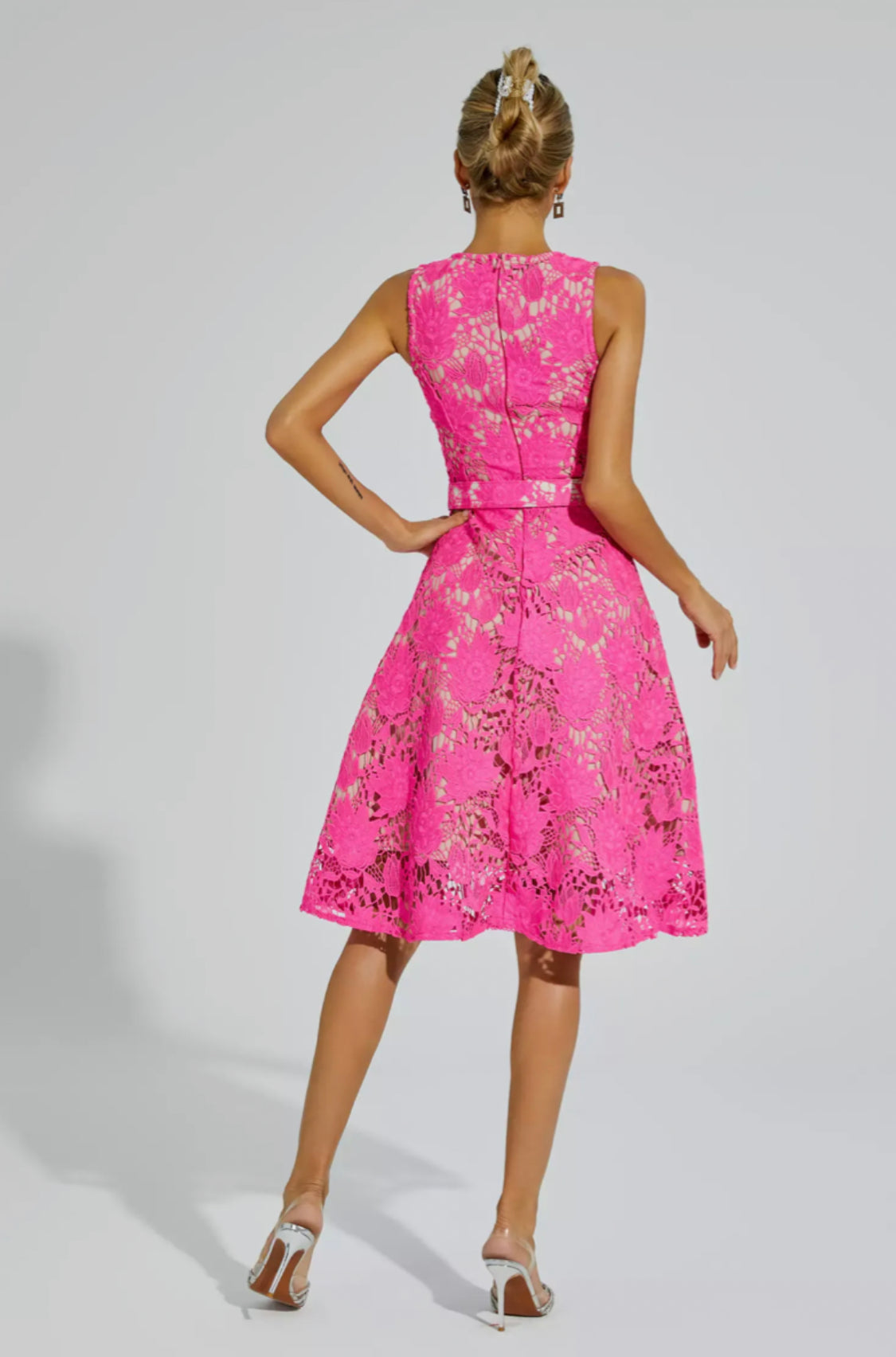 Briana pink belted midi dress