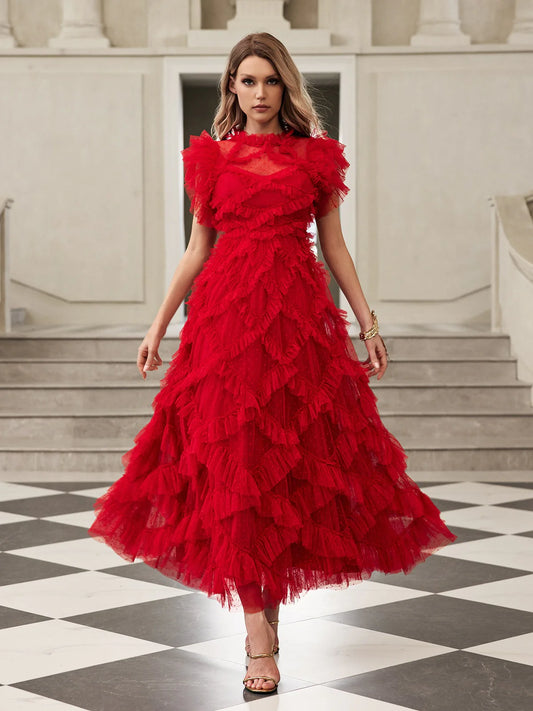 Red short sleeves mesh midi dress
