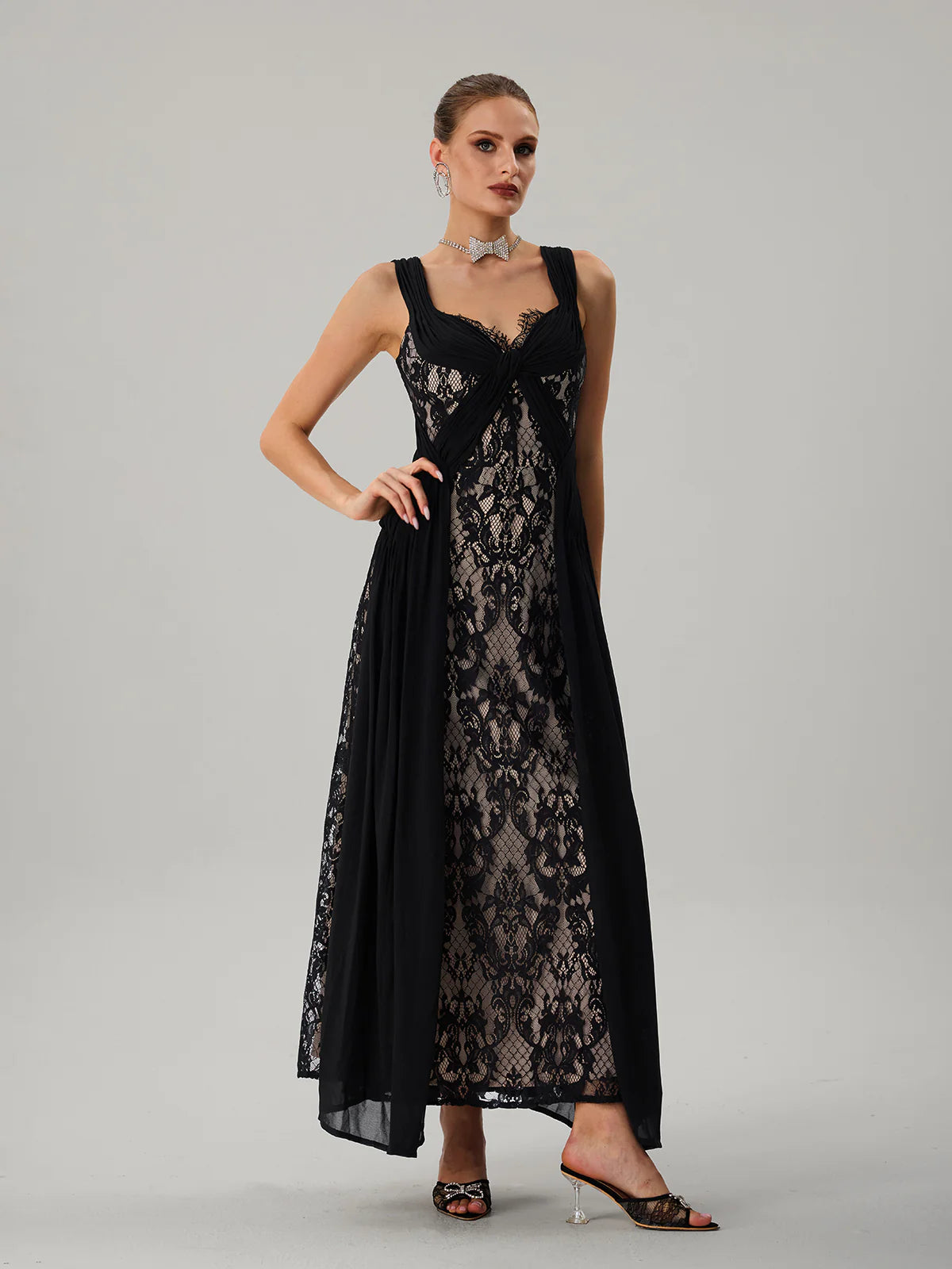 Noir Lace Draped Maxi Dress