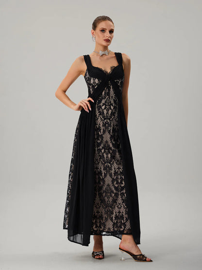 Noir Lace Draped Maxi Dress