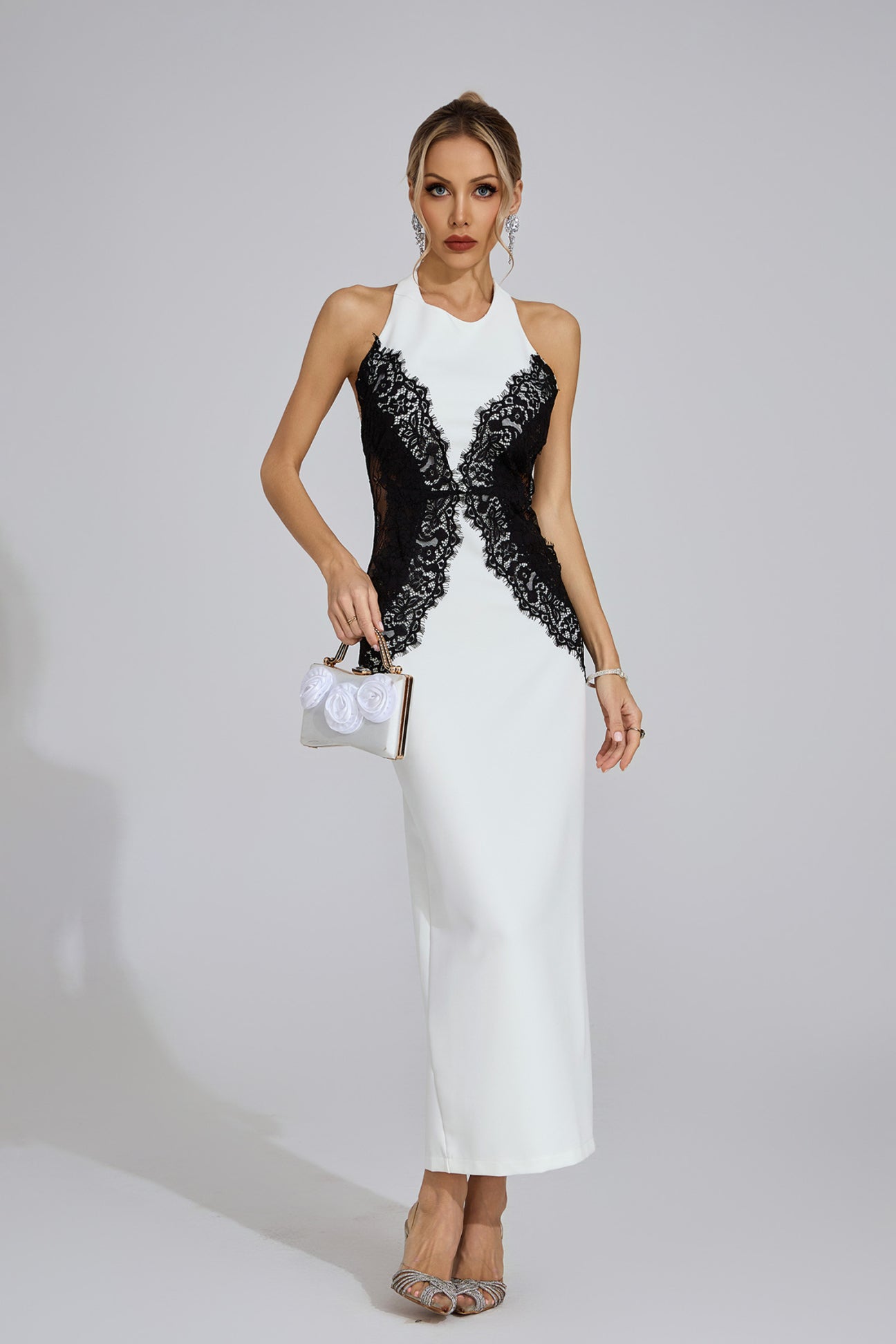 Bianca Lace-Panel Halter Midi Gown