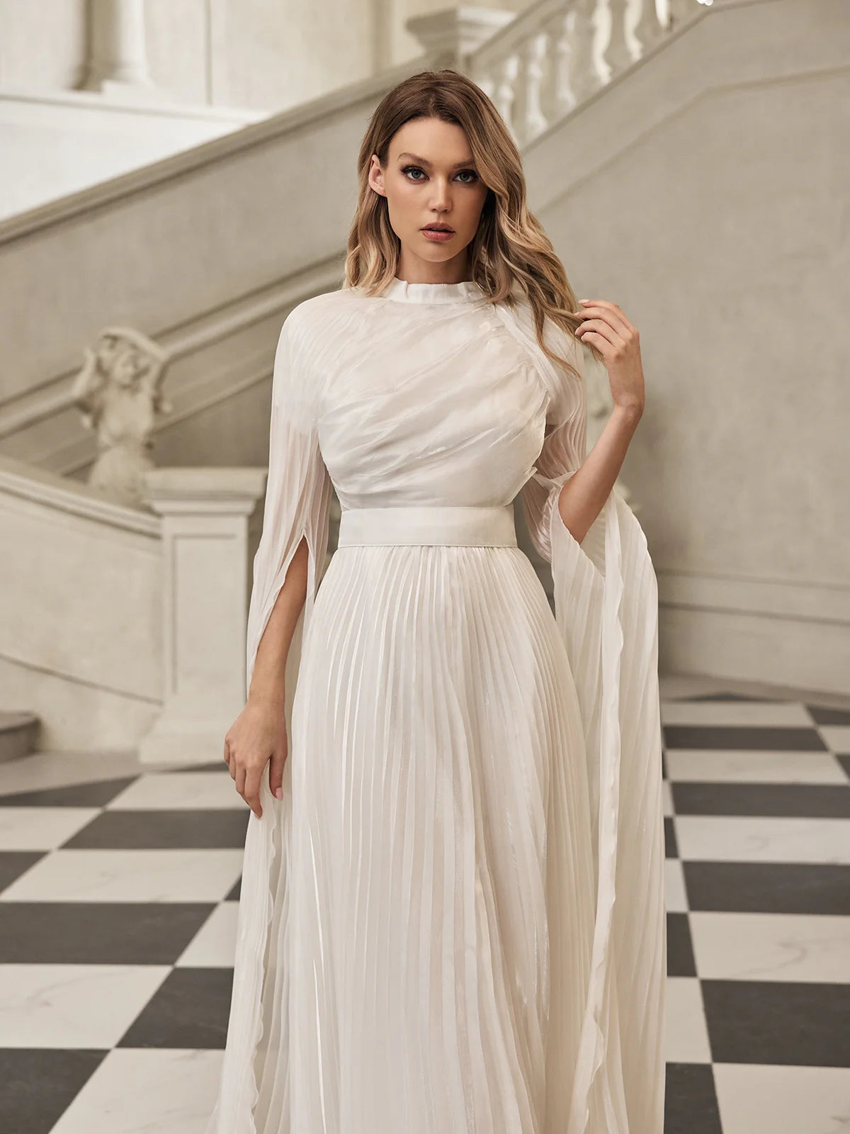 Celeste Pleated Wing-Sleeve Gown