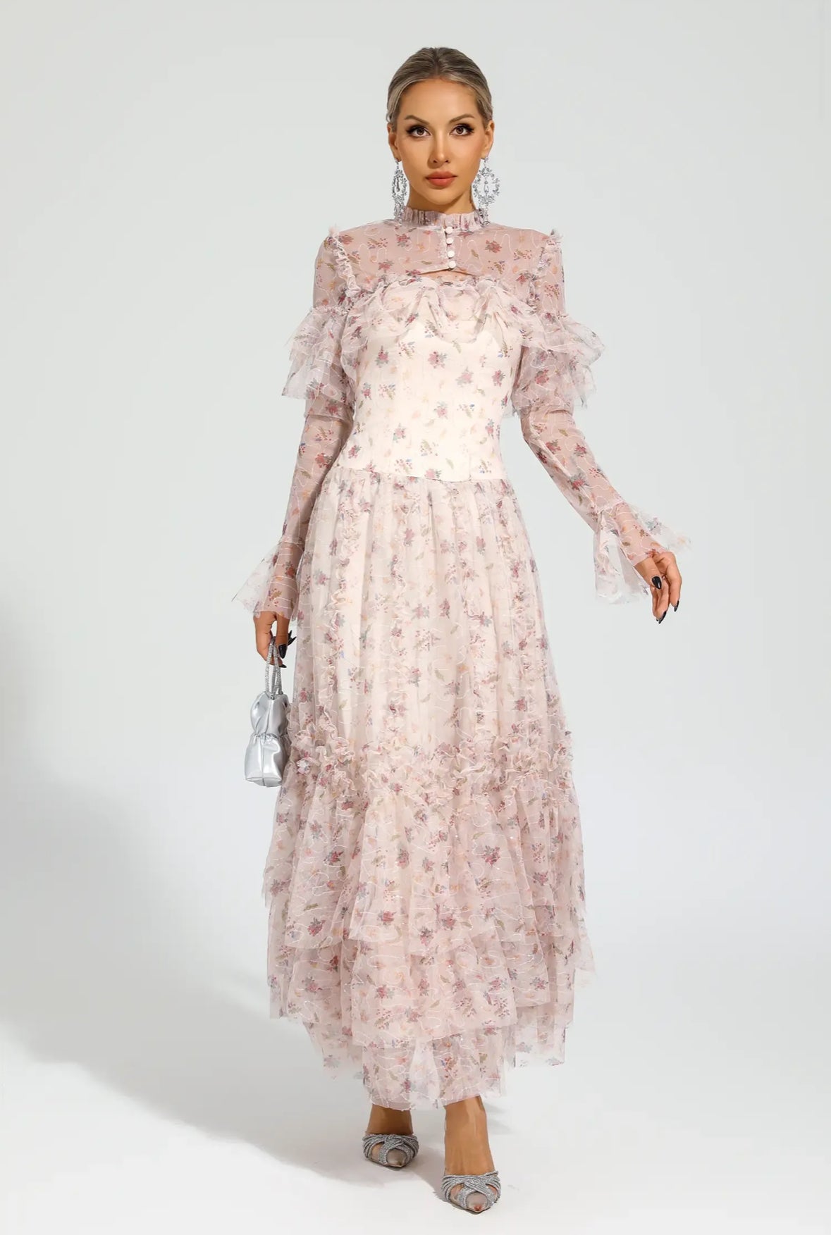 Pink mesh floral maxi dress