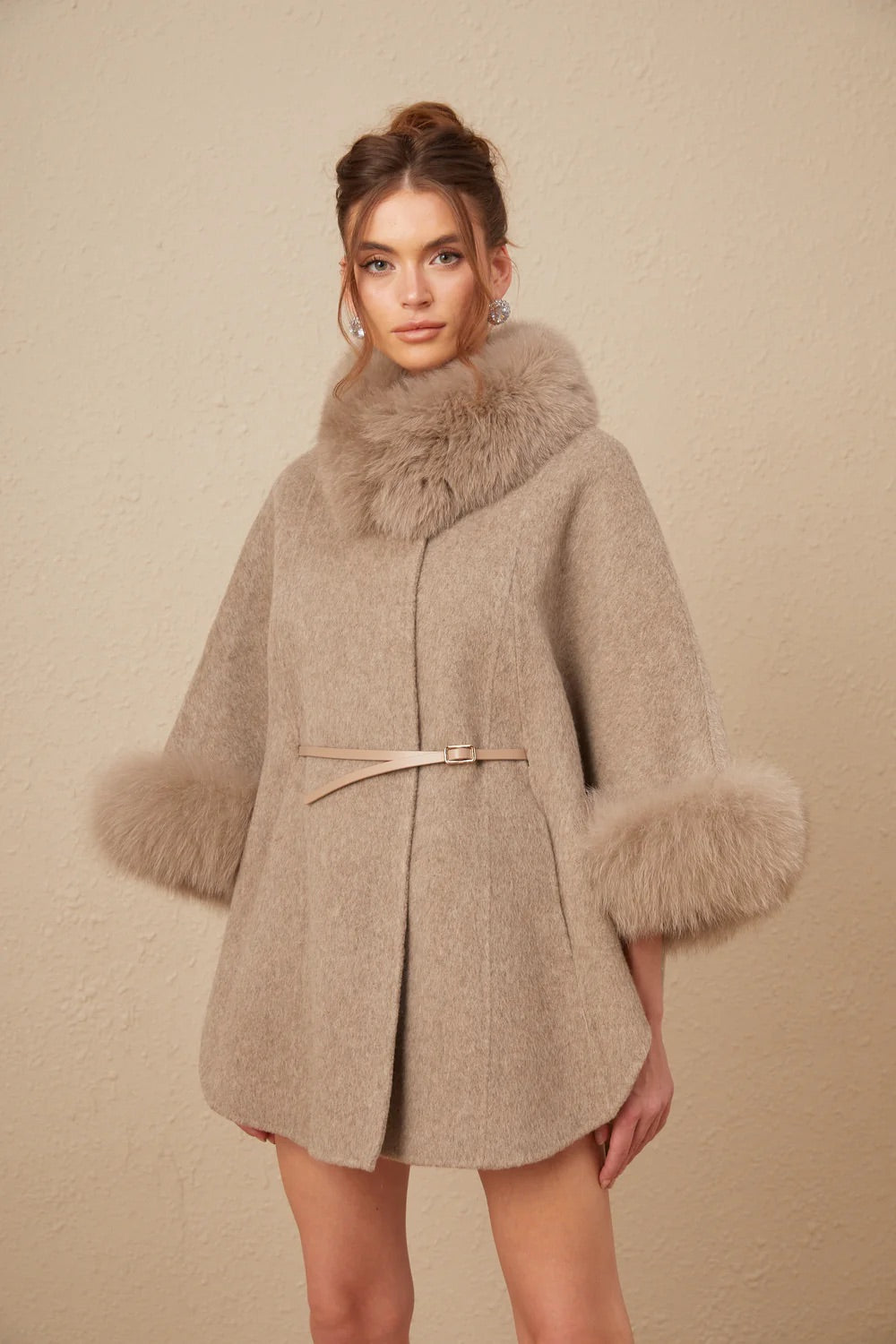 Wool belts fur cape coat