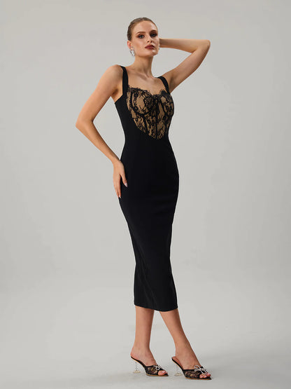 Black Lace Bustier Midi Dress