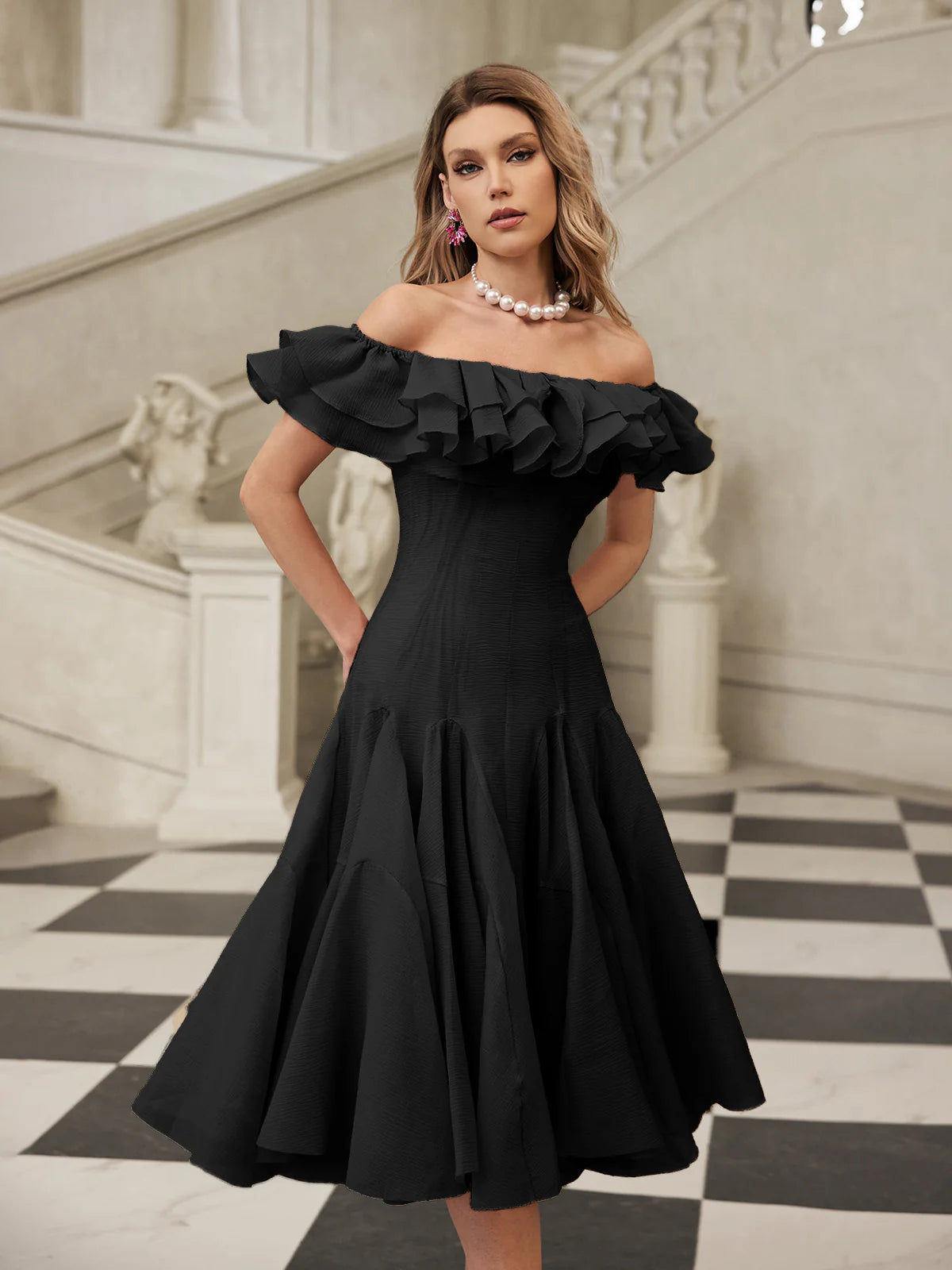Amélie Off Shoulder Ruffle Midi Dress