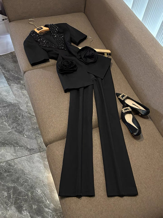 Camélia Flower Blazer Black Suit Set