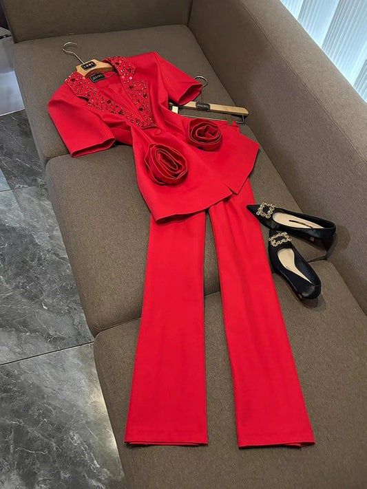 Camélia Flower Blazer Red Suit Set