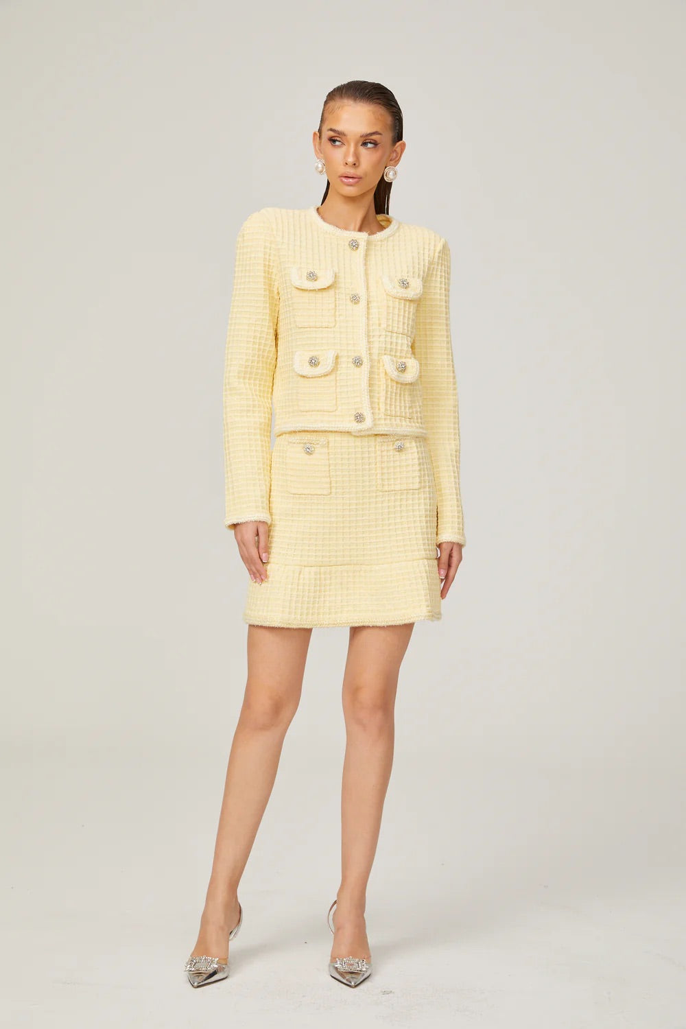 Yellow Waffle-knit jacket/skirt set