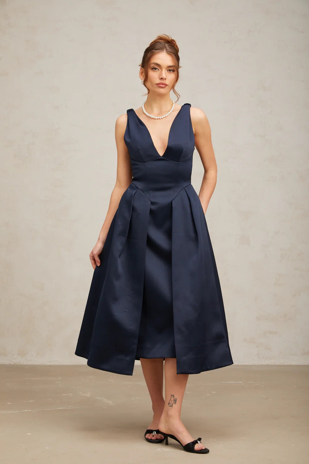 Dark blue satin midi dress