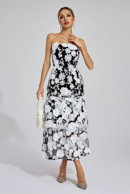 Embroidered black/white flower maxi dress