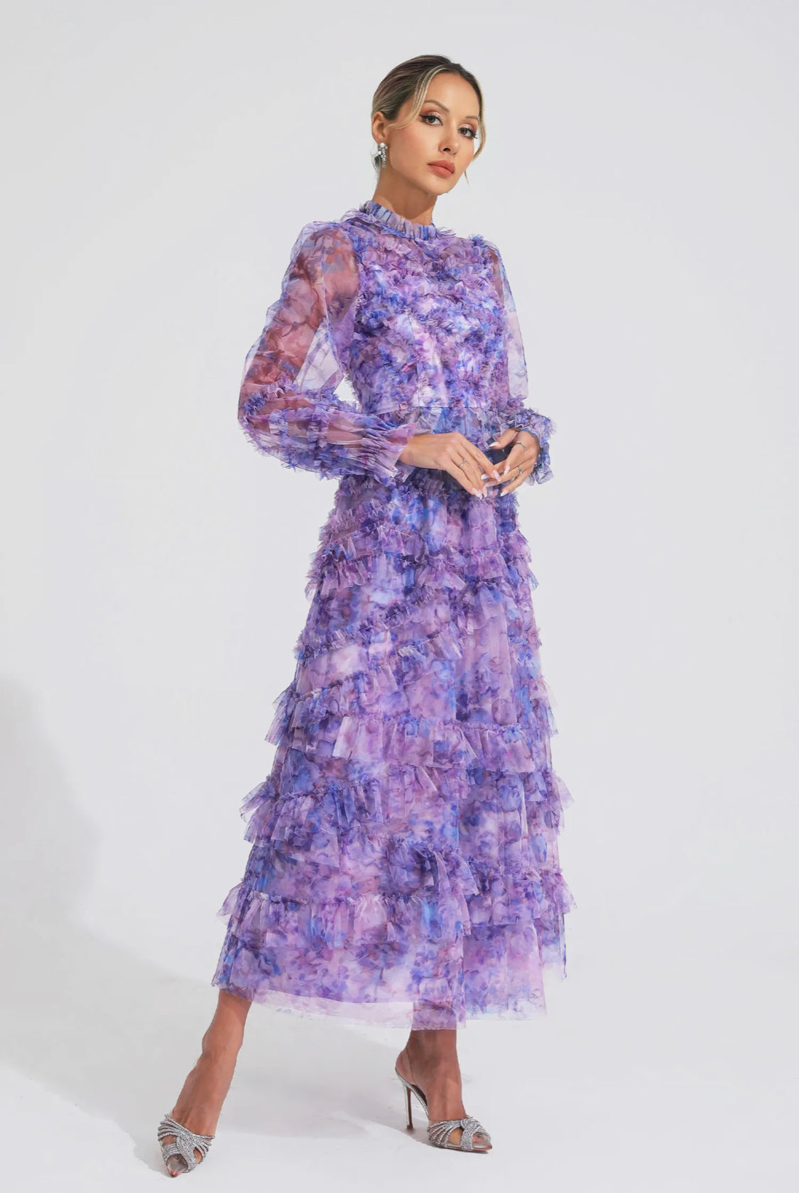 Floral purple mesh midi dress (Preorder)