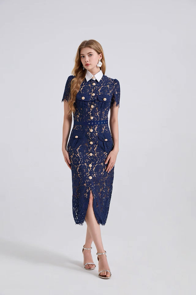 Guxi Navy Lace Collar Dress