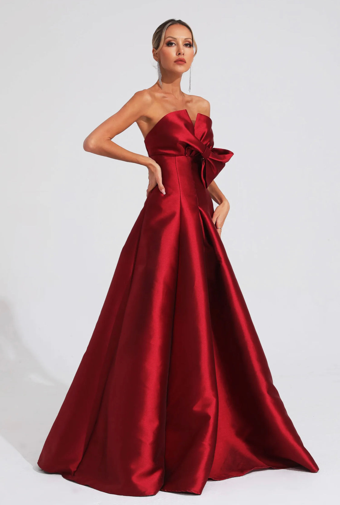 Bow satin red maxi dress