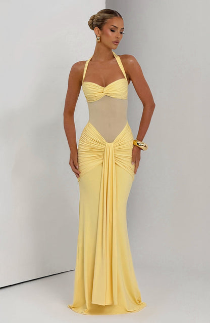 Soleil Illusion Draped Halter Gown