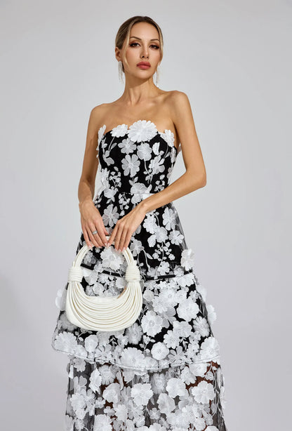 Embroidered black/white flower maxi dress