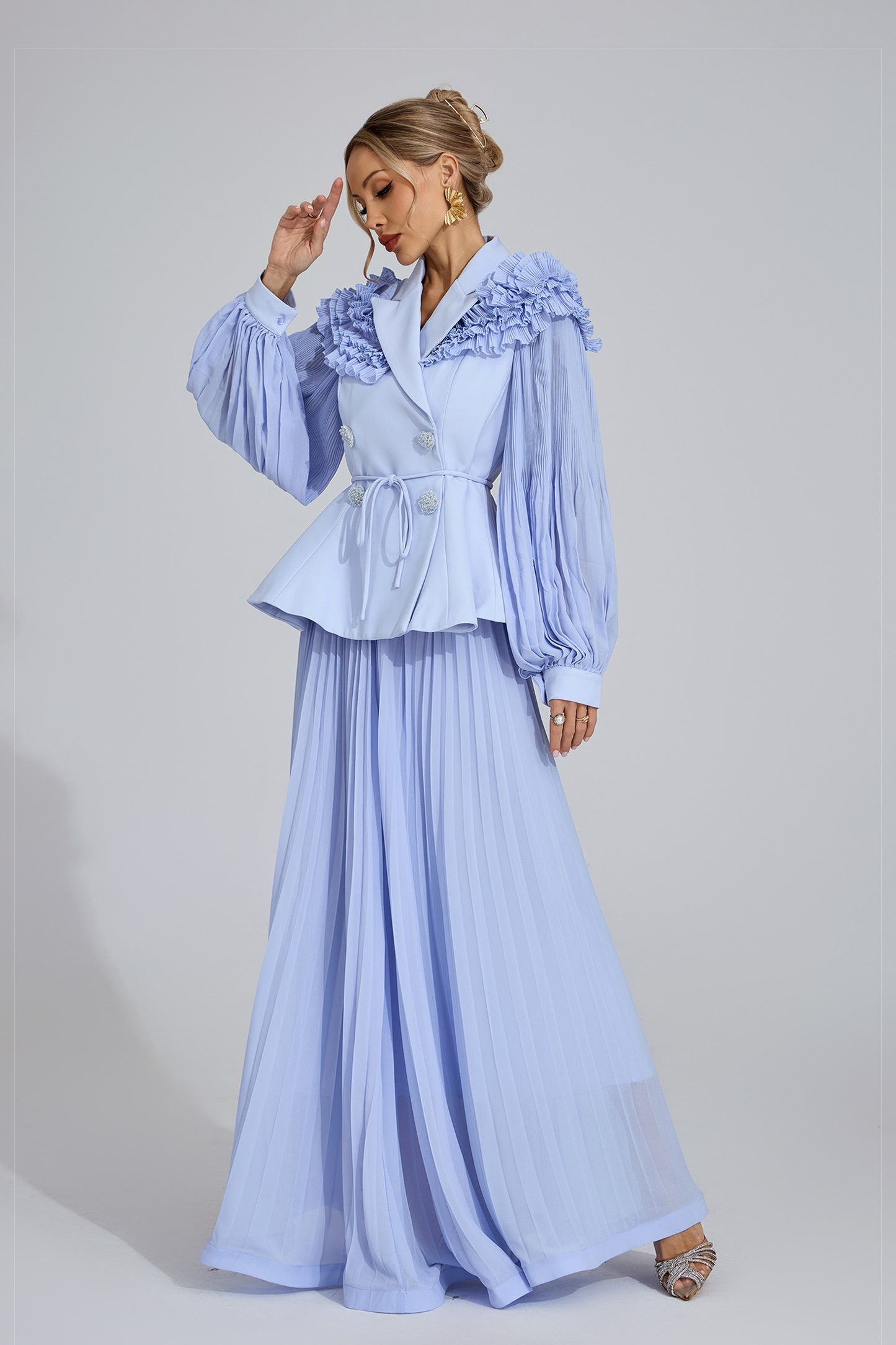 Ruffle-Shoulder Pleated Set