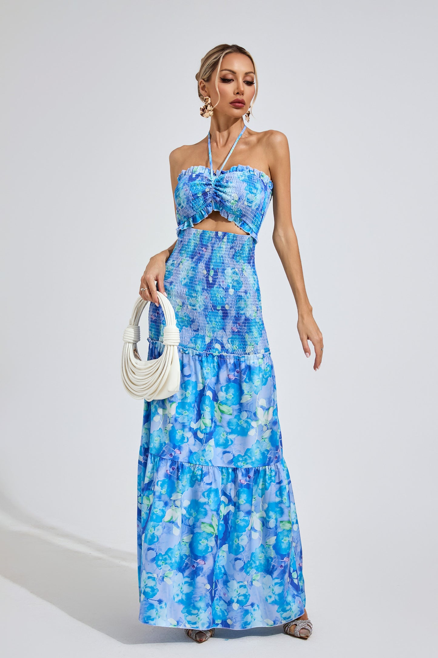 Azure Bloom Smocked Maxi Dress