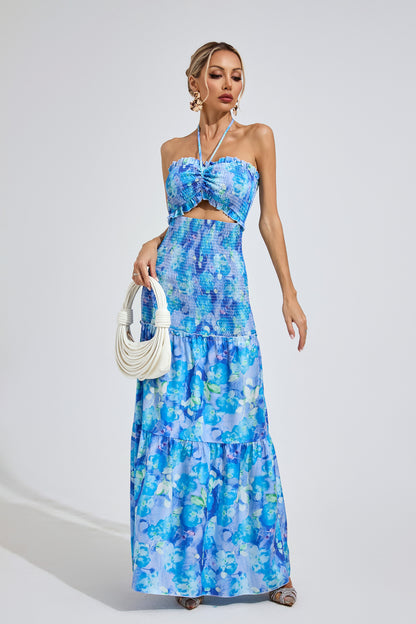 Azure Bloom Smocked Maxi Dress