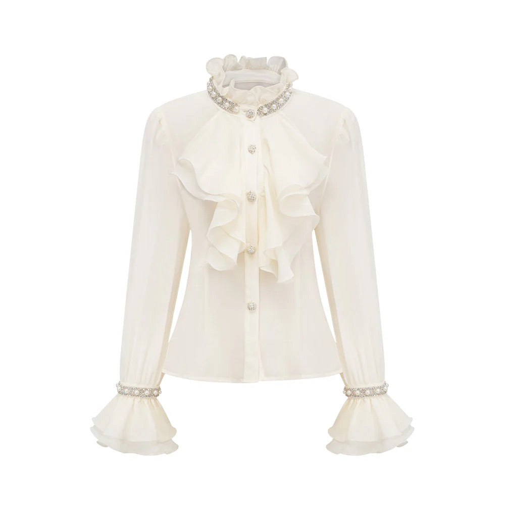 Ruffled Pearl/crystal embellished shirt