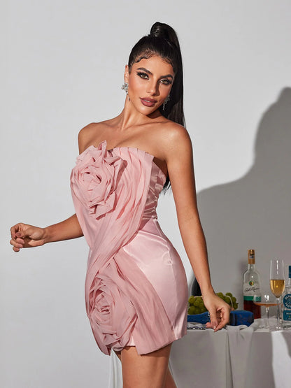 3D flower pink satin mini dress