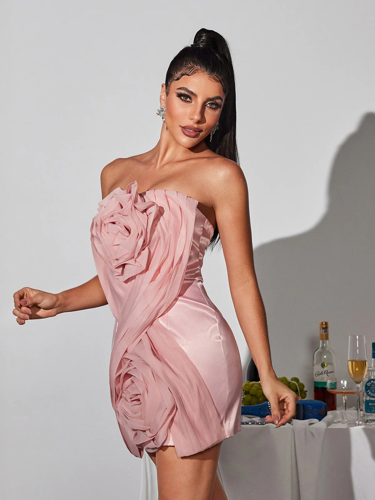 3D flower pink satin mini dress