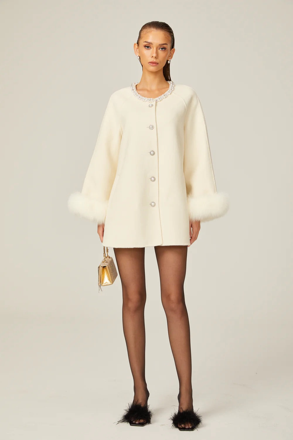 Wool fur crystal embellished coat