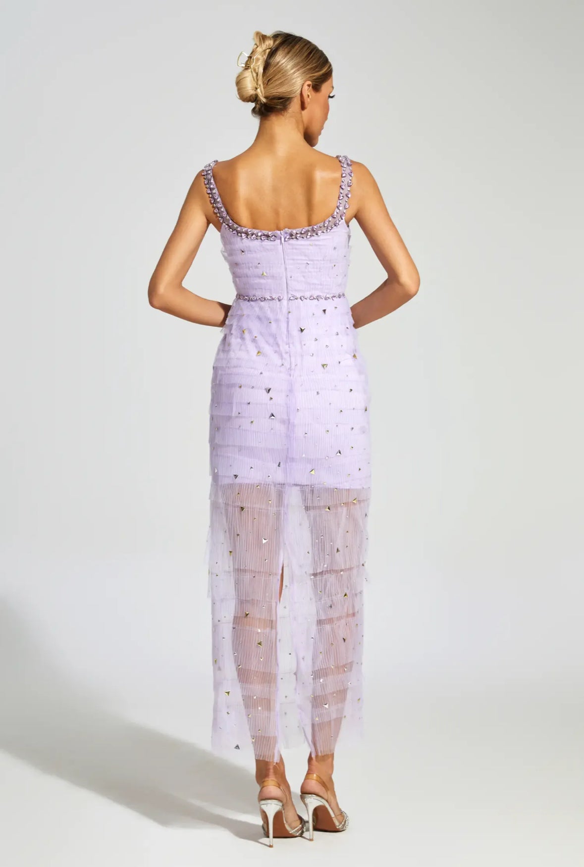 Purple mesh crystal midi dress