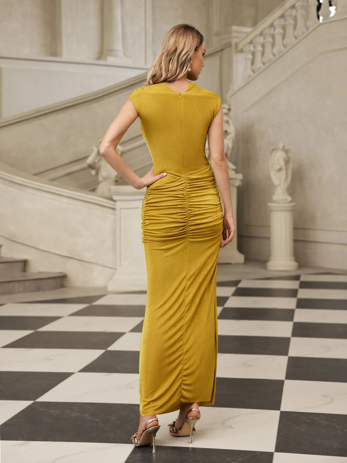 Golden Muse Ruched Maxi Dress