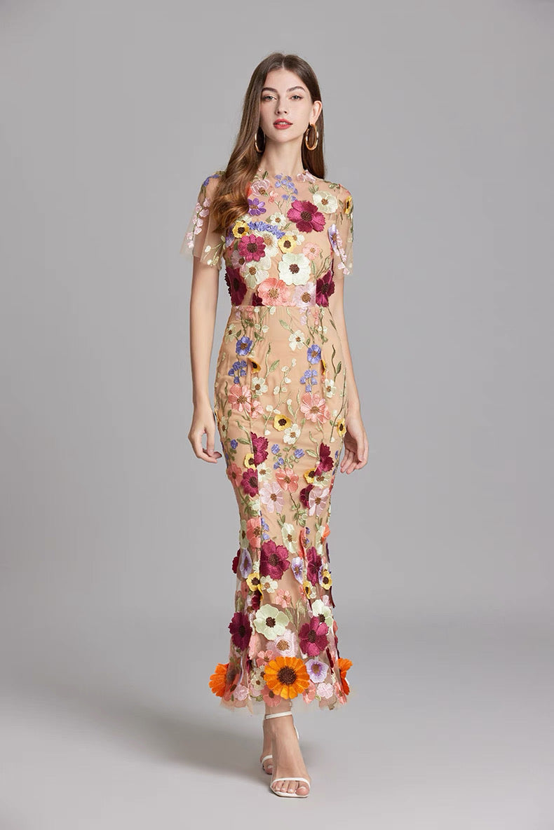 Soleil Bloom Flower Embroidered Midi Dress