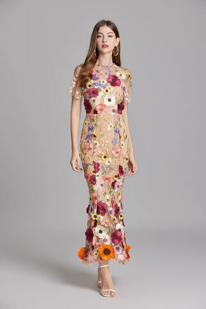 Soleil Bloom Flower Embroidered Midi Dress