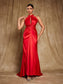 Halterneck satin red maxi dress