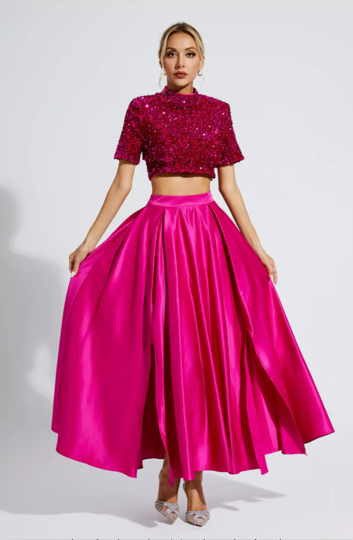 Belle pink sequin top/satin skirt set