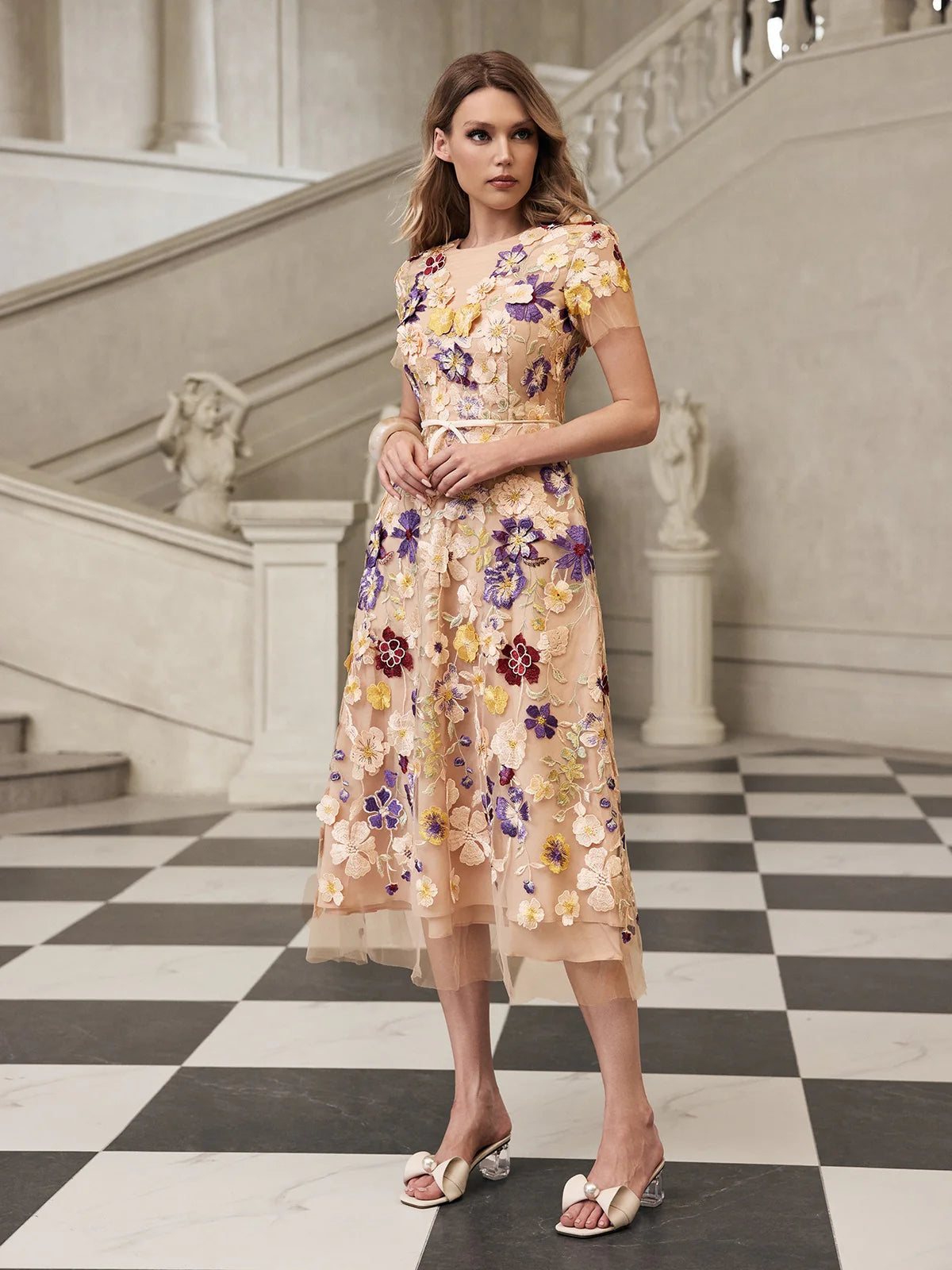 Fleur Embroidered Tulle Midi Dress