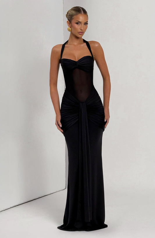 Soleil Illusion Draped Halter Gown