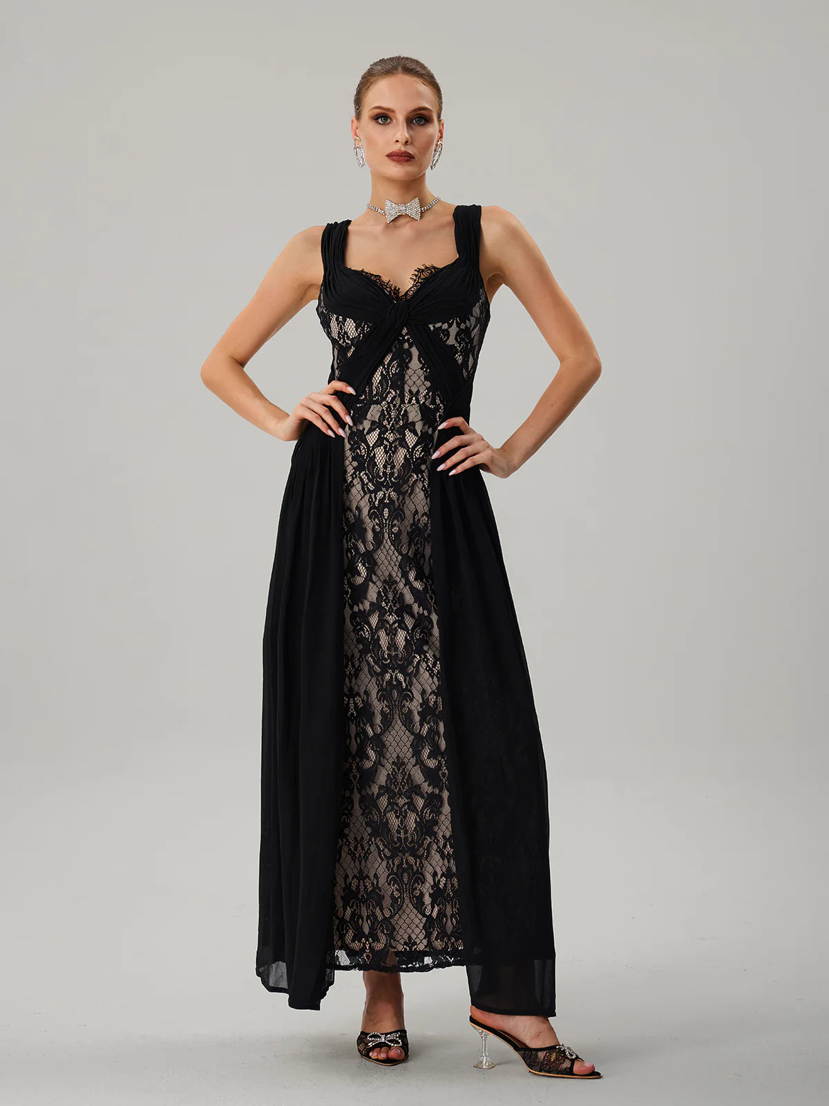 Noir Lace Draped Maxi Dress