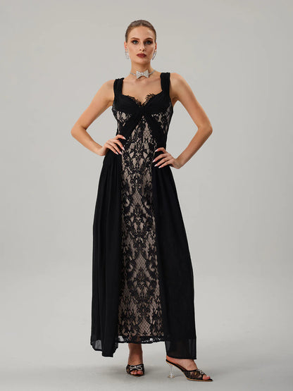 Noir Lace Draped Maxi Dress