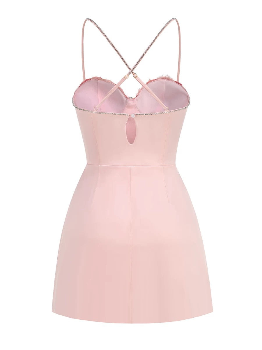 Satin flower pink mini dress