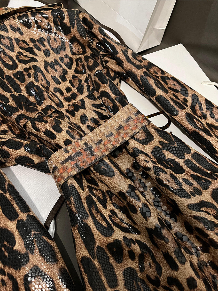 Leopard leather long coat (8141436813550)