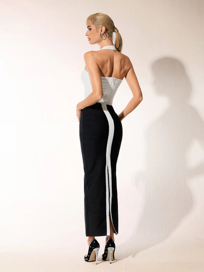 Monochrome Halter Bodycon midi Dress