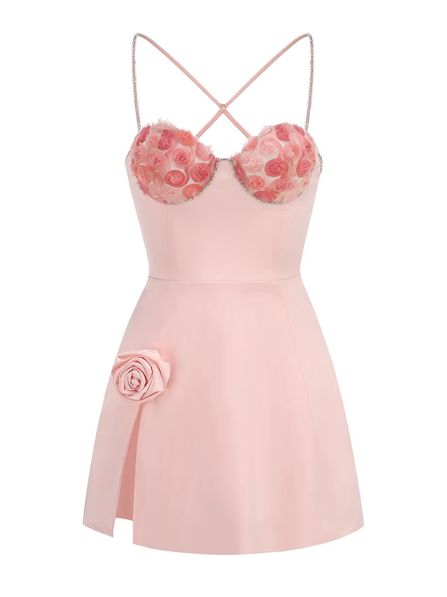 Satin flower pink mini dress